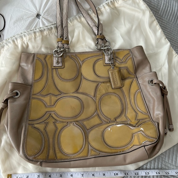 Coach Taupe and Yellow Patent Signature Tote - Picture 3 of 12